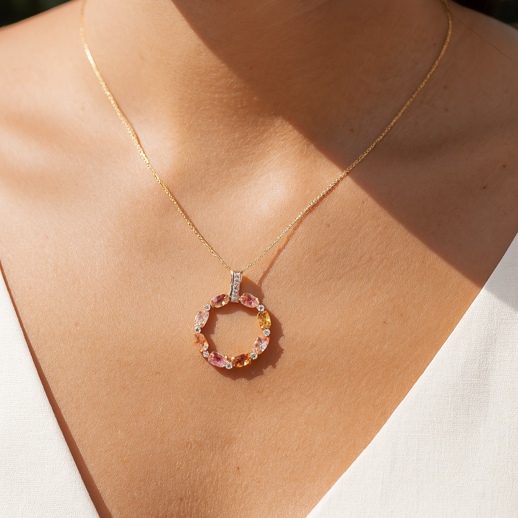 14K Yellow Gold Round Pendant Featuring Oval Sapphires and Natural Diamonds