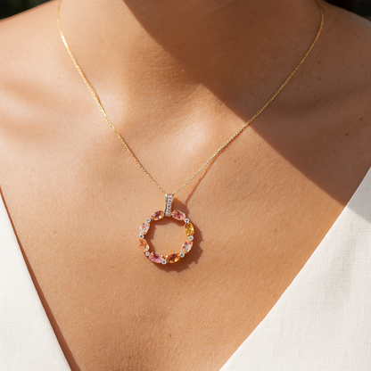 14K Yellow Gold Round Pendant Featuring Oval Sapphires and Natural Diamonds