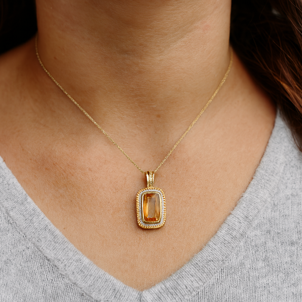 14K Yellow Gold Pendant with Citrine and Diamond Side Accents