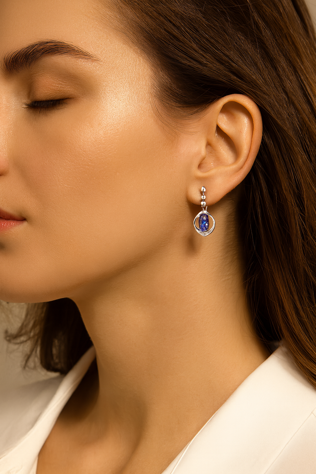Boucles d'oreilles en or blanc 14 carats avec tanzanite véritable et diamant blanc de 0,76 carat