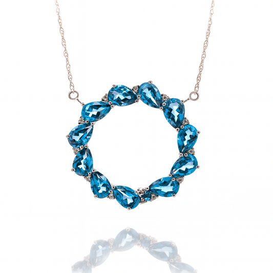 Collier avec pendentif en or blanc 14 carats et topaze bleue naturelle et diamants cultivés en laboratoire