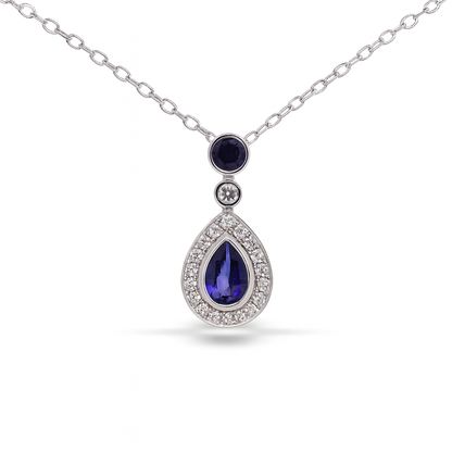Pear-Shaped White Gold Pendant With Sapphire and Diamonds