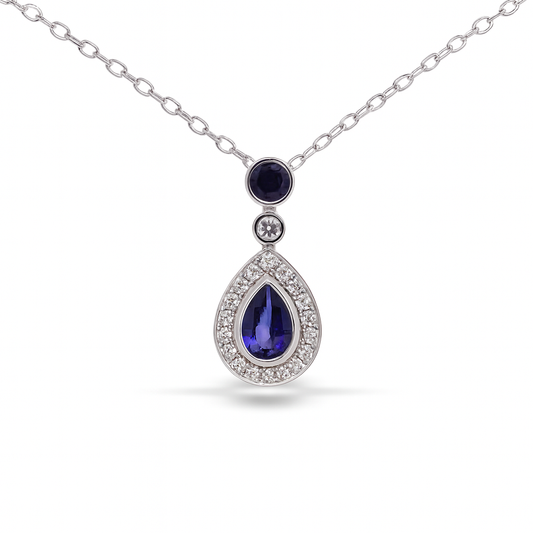 Pendentif en or blanc en forme de poire avec saphir et diamants