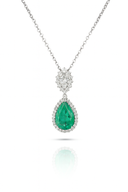 Pear Shape Emerald and Diamond Drop With Halo Pendant in 14kt White Gold