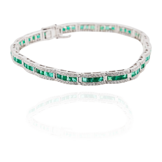 Emerald and Natural Diamond Tennis Bracelet in 18k Solid White Gold