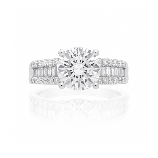 Bague de fiançailles 18kw avec pierre CZ centrée et sac de 26 diamètres 0,52 ct et 40 pierres latérales 0,40 ct 