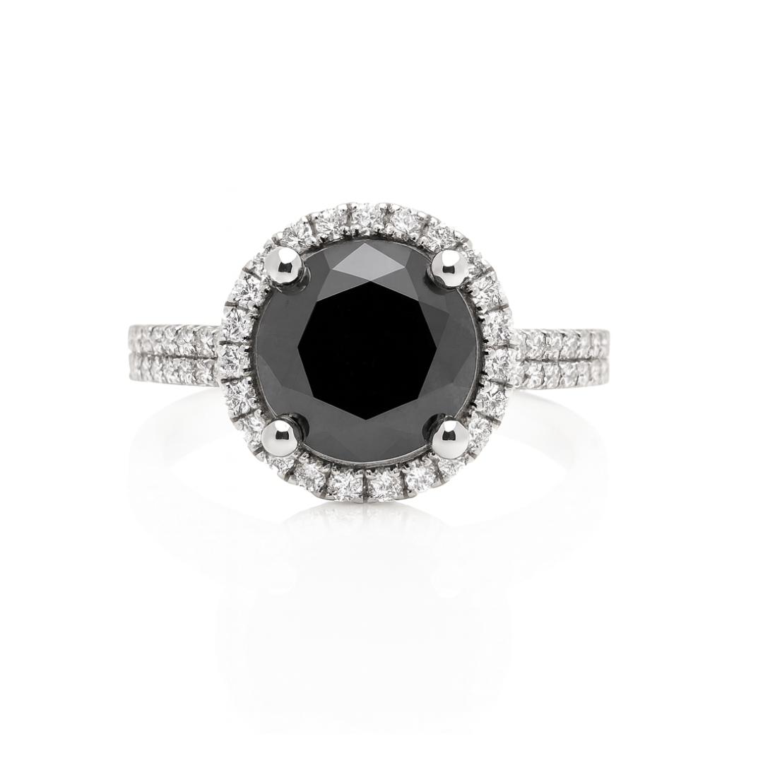 Bague de fiançailles 18KW avec diamant noir de 13,10 ct et 80 pierres latérales de 0,52 ct