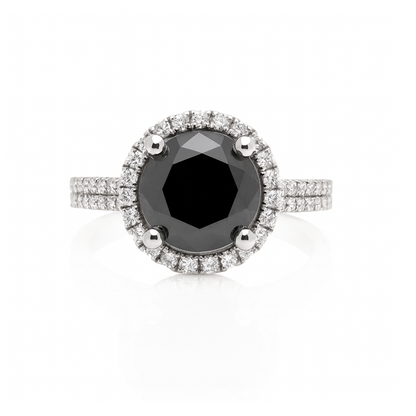 Bague de fiançailles 18KW avec diamant noir de 13,10 ct et 80 pierres latérales de 0,52 ct