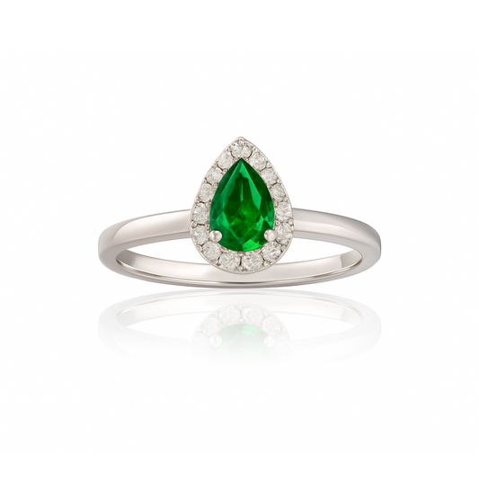 Bague en or blanc 18 carats avec halo de diamants et émeraude en forme de poire