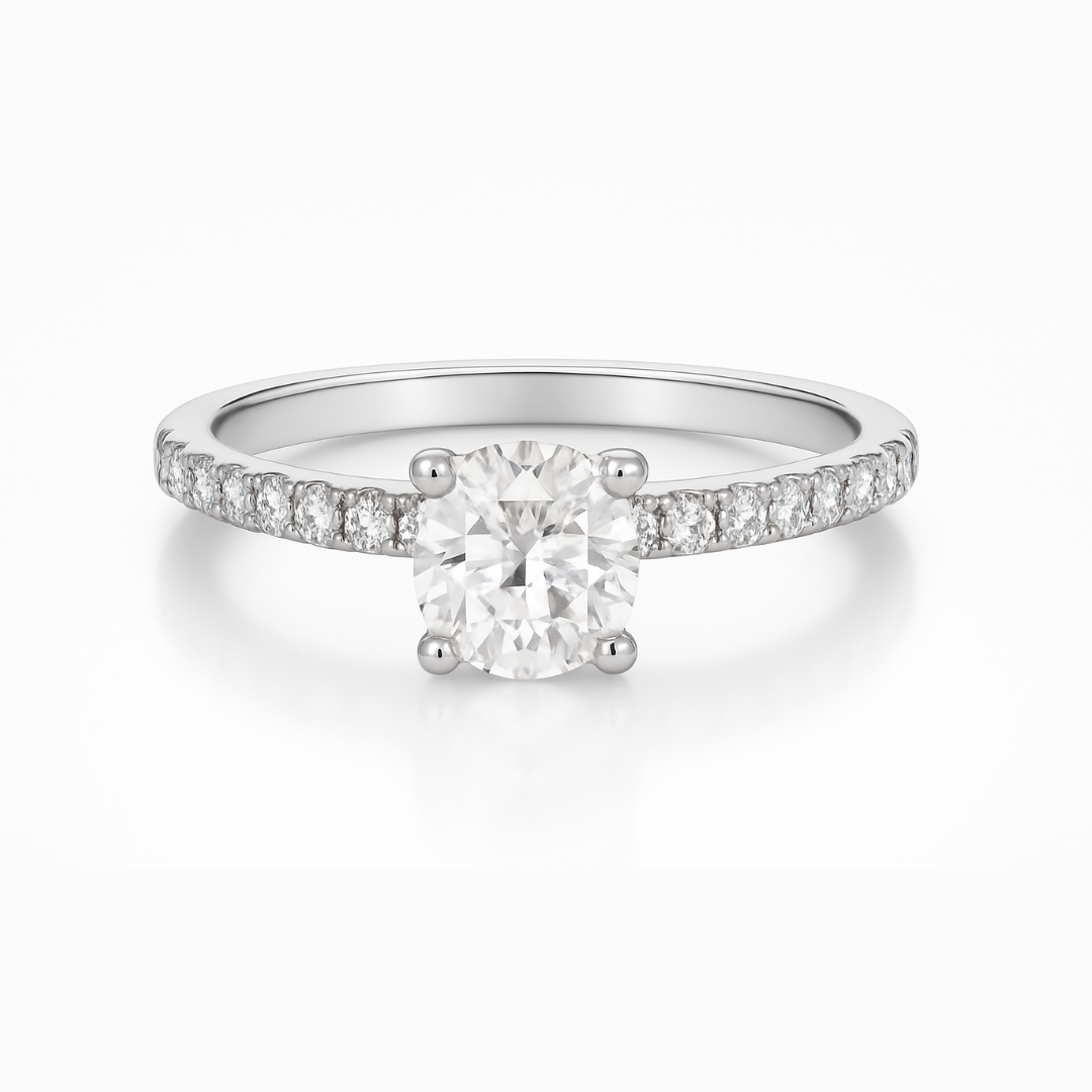 Bague de fiançailles 18KW avec un VS1 F de 1,01 ct et 43 pierres latérales de 0,25 ct