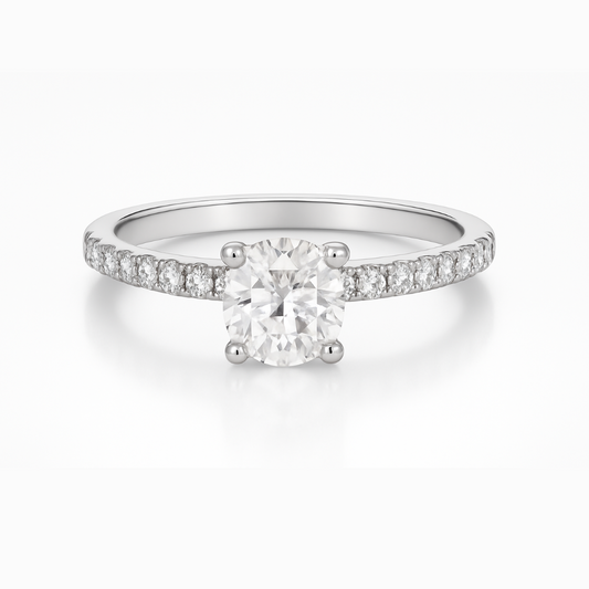 18KW Engagement Ring With A 1.01ct VS1  F and 43 0.25ct Side Stones