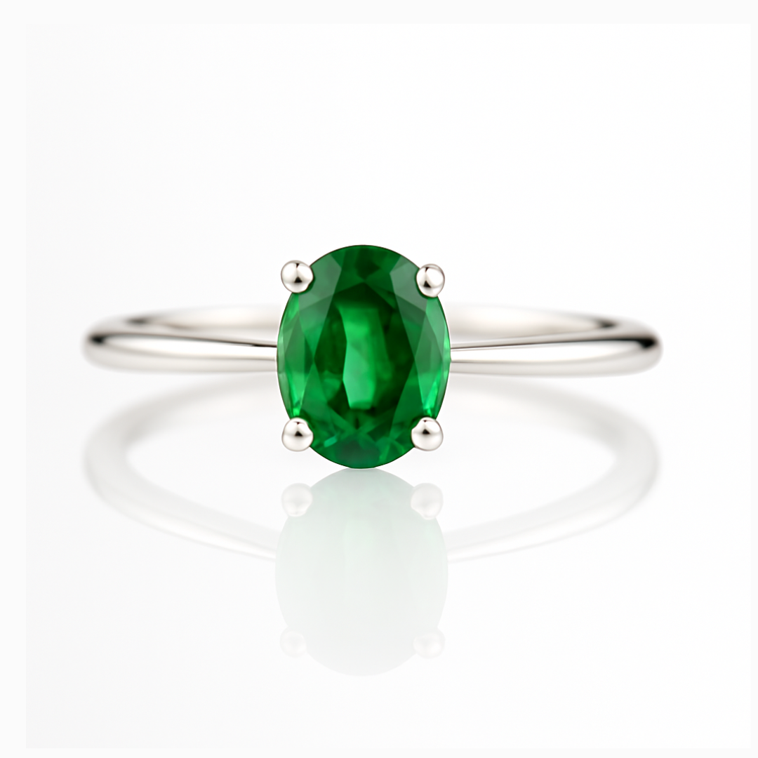 Bague de fiançailles solitaire en diamant de 0,04 ct et émeraude verte naturelle ovale de 0,91 carat