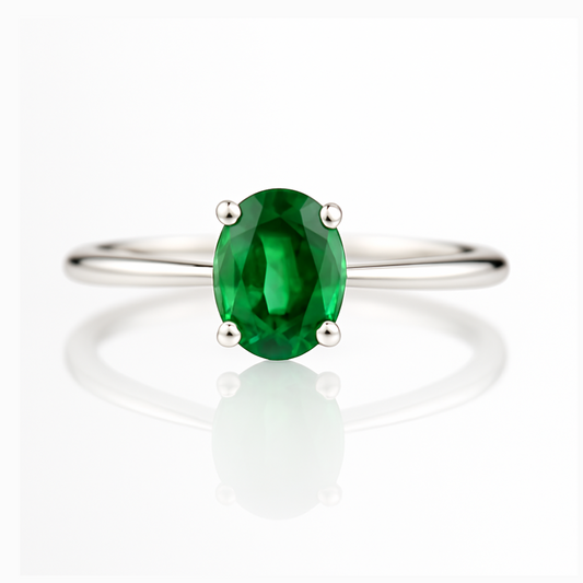 Bague de fiançailles solitaire en diamant de 0,04 ct et émeraude verte naturelle ovale de 0,91 carat
