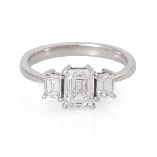 1.48 CTW VS1 G Emerald Cut Diamond Three Stone Diamond Engagement Ring