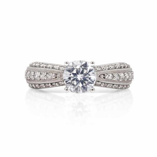 Bague de fiançailles 14KW avec pierre CZ centrée et 40 diamants de 0,75 ct