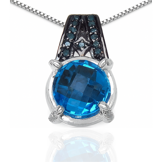 Pendentif en argent sterling 925 avec topaze bleue suisse authentique de 4,94 carats, diamant bleu et diamant blanc