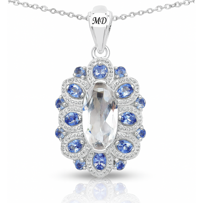 6.10 Carat Genuine Crystal Quartz, Tanzanite & White Diamond .925 Sterling Silver Pendant