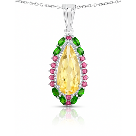 Pendentif en argent sterling 925 avec citrine véritable, diopside chromé et grenat rhodolite de 6,19 carats