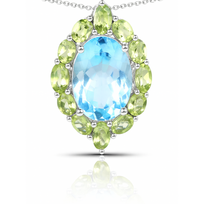 9.78 Carat Genuine Blue Topaz and Peridot .925 Sterling Silver Pendant