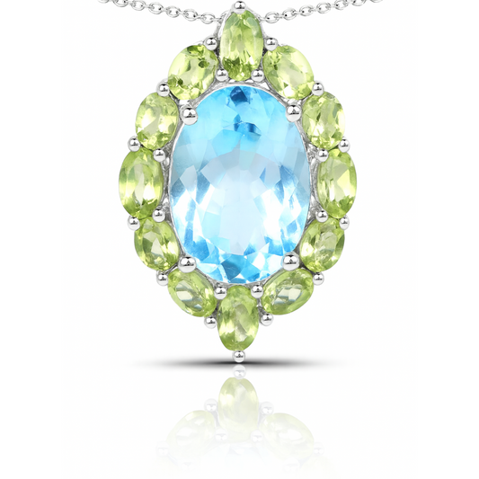 Pendentif en argent sterling 925 avec topaze bleue et péridot véritables de 9,78 carats