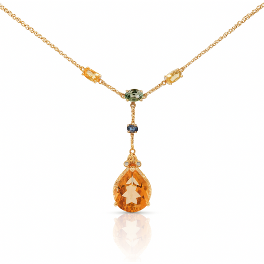 Pendentif élégant en or jaune 18 carats avec citrine, diamants et pierres précieuses