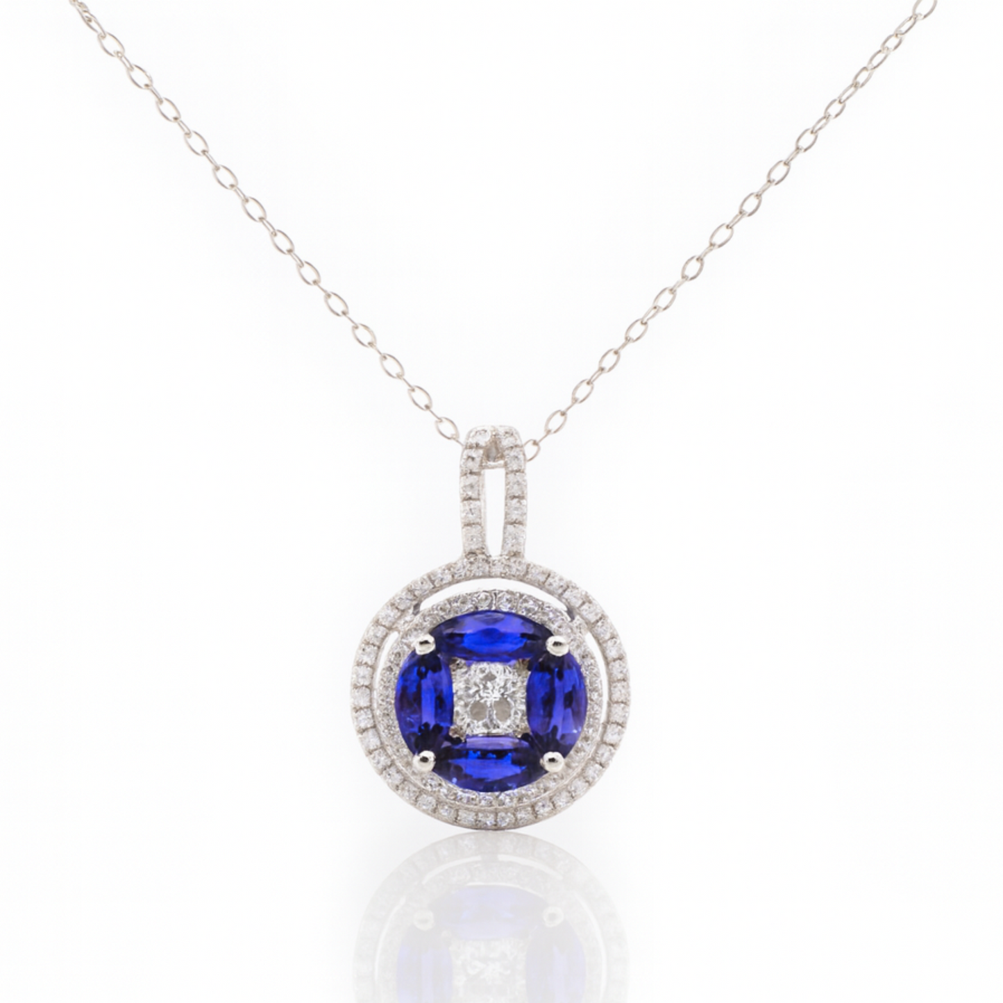 18K White Gold Blue Sapphire Pendant with Diamond Halo