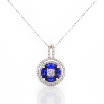 18K White Gold Blue Sapphire Pendant with Diamond Halo