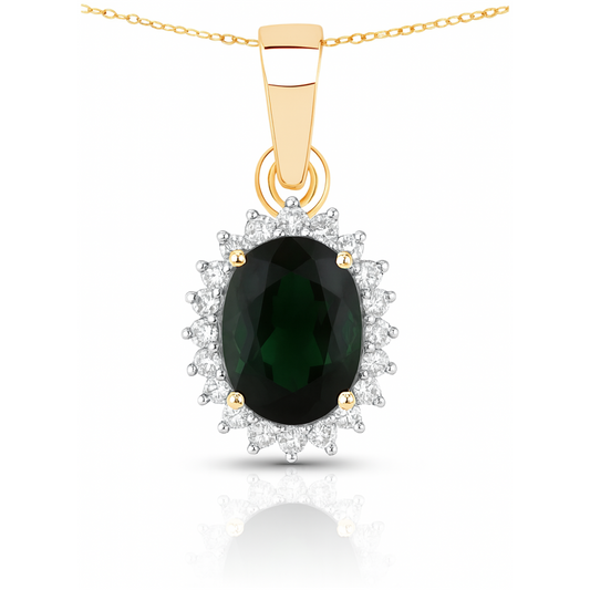 Pendentif en or jaune 14 carats avec tourmaline verte véritable et diamant blanc de 1,39 carat