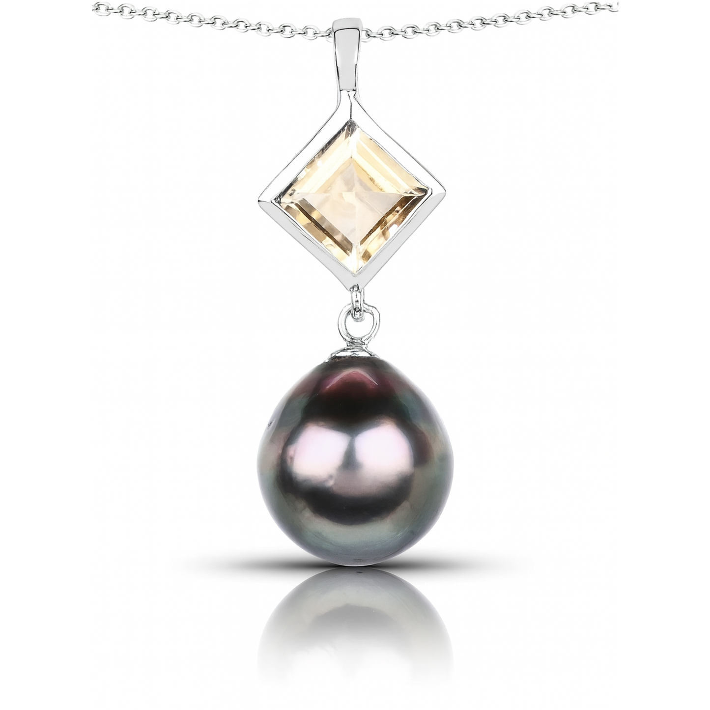 Pendentif en argent sterling 925 avec citrine véritable de 1,65 carat et perle de culture de Tahiti