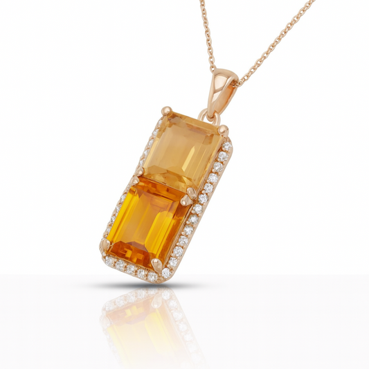 Pendentif en or 14 carats avec 2 pierres de citrine et 40 LBD comme pierres latérales