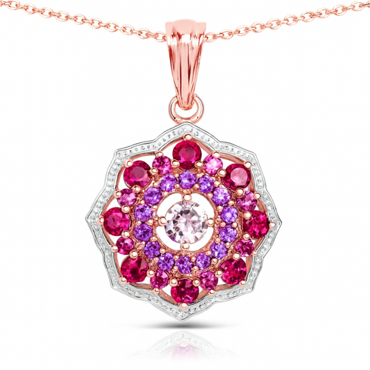 Pendentif en argent sterling 925 plaqué or rose 14 carats avec morganite, rhodolite et améthyste véritables de 2,30 carats