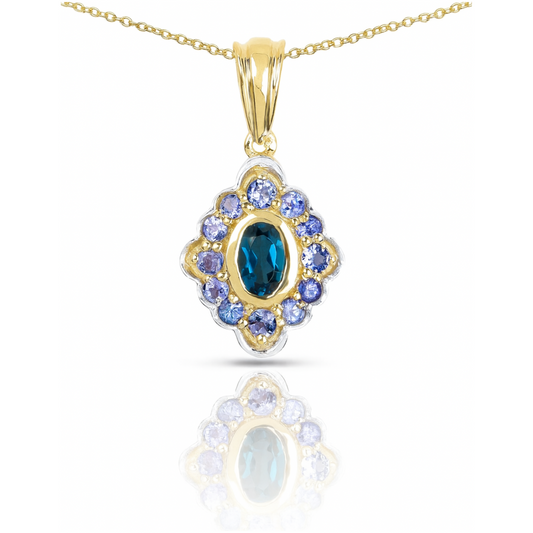 Pendentif en argent sterling 925 plaqué or jaune 14 carats avec topaze bleue de Londres et tanzanite authentiques de 1,10 carat
