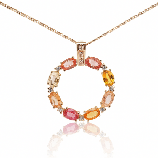 Pendentif rond en or jaune 14 carats avec saphirs ovales et diamants naturels