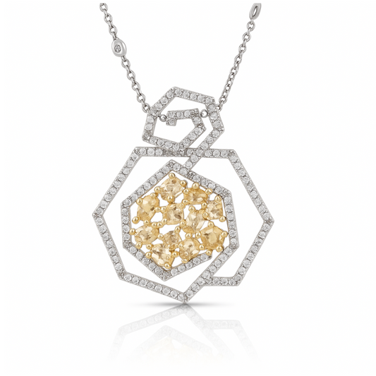 Pendentif en or blanc 18 KW avec diamant jaune de 2,16 ct et diamant latéral de 1,98 ct