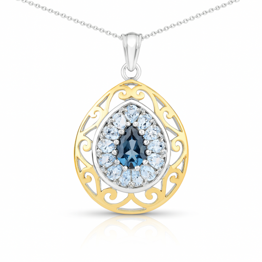 Pendentif en argent sterling 925 plaqué or jaune 18 carats avec topaze bleue de Londres authentique de 4,44 carats et topaze bleue
