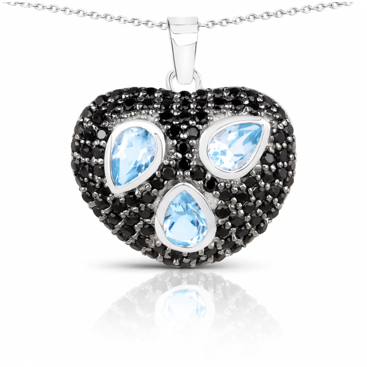 Pendentif en argent sterling 925 avec topaze bleue véritable et spinelle noire de 3,52 carats
