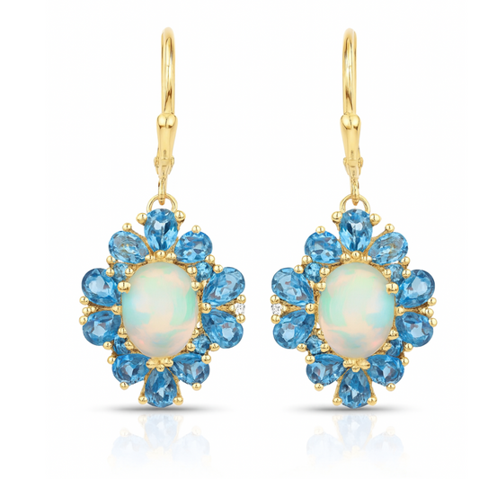 5.76 Carat Genuine Ethiopian Opal, London Blue Topaz and White Topaz .925 Sterling Silver Earrings
