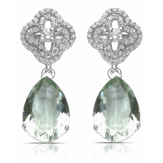 9.14 Carat Genuine Green Amethyst and White Topaz .925 Sterling Silver Earrings