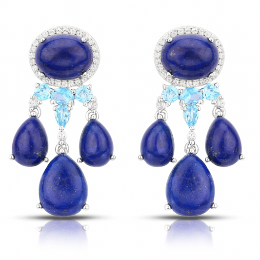 Boucles d'oreilles en argent sterling 925 avec lapis-lazuli véritable de 23,63 carats, topaze bleue suisse et topaze blanche
