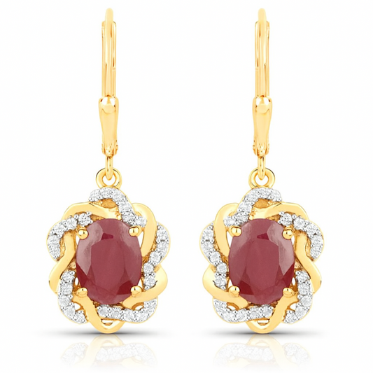 Boucles d'oreilles en argent sterling 925 avec rubis véritable et topaze blanche de 3,46 carats 