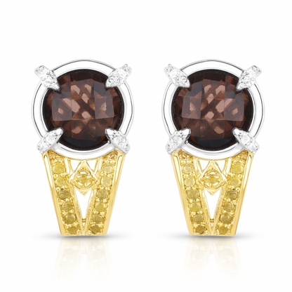 3.75 Carat Genuine Smoky Quartz, Yellow Diamond and White Diamond .925 Sterling Silver Earrings