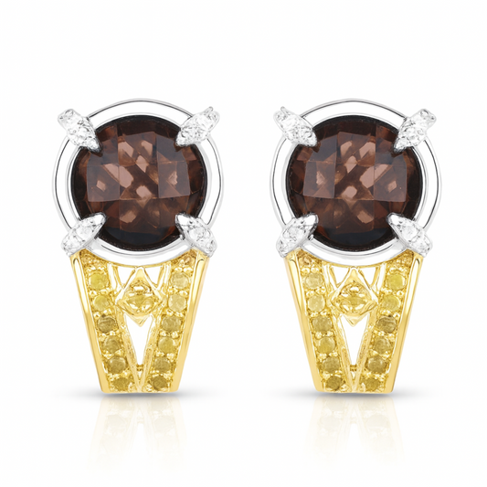 3.75 Carat Genuine Smoky Quartz, Yellow Diamond and White Diamond .925 Sterling Silver Earrings