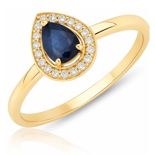 0.48 Carat Genuine Blue Sapphire and White Diamond 14K Yellow Gold Ring