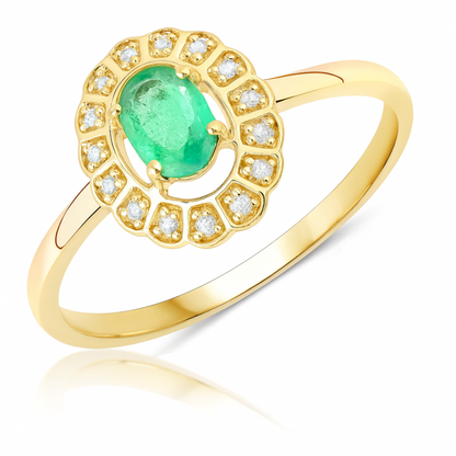 Bague en or jaune 14 carats avec émeraude zambienne authentique de 0,48 carat et diamant blanc 