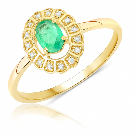 0.48 Carat Genuine Zambian Emerald and White Diamond 14K Yellow Gold Ring