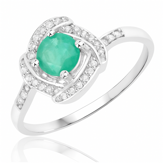 0.50 Carat Genuine Zambian Emerald and White Diamond 14K White Gold Ring