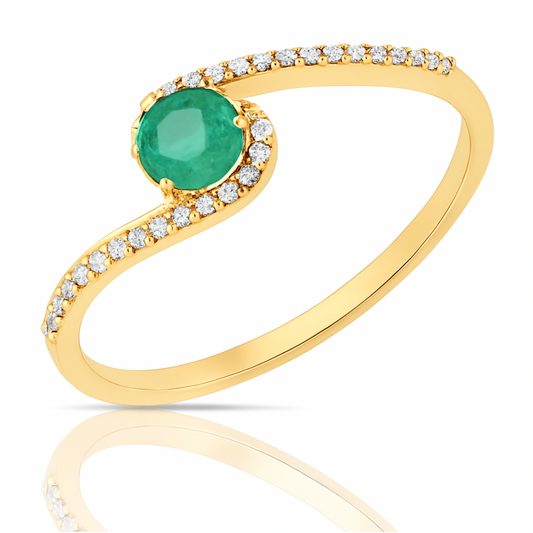 0.33 Carat Genuine Zambian Emerald and White Diamond 14K Yellow Gold Ring