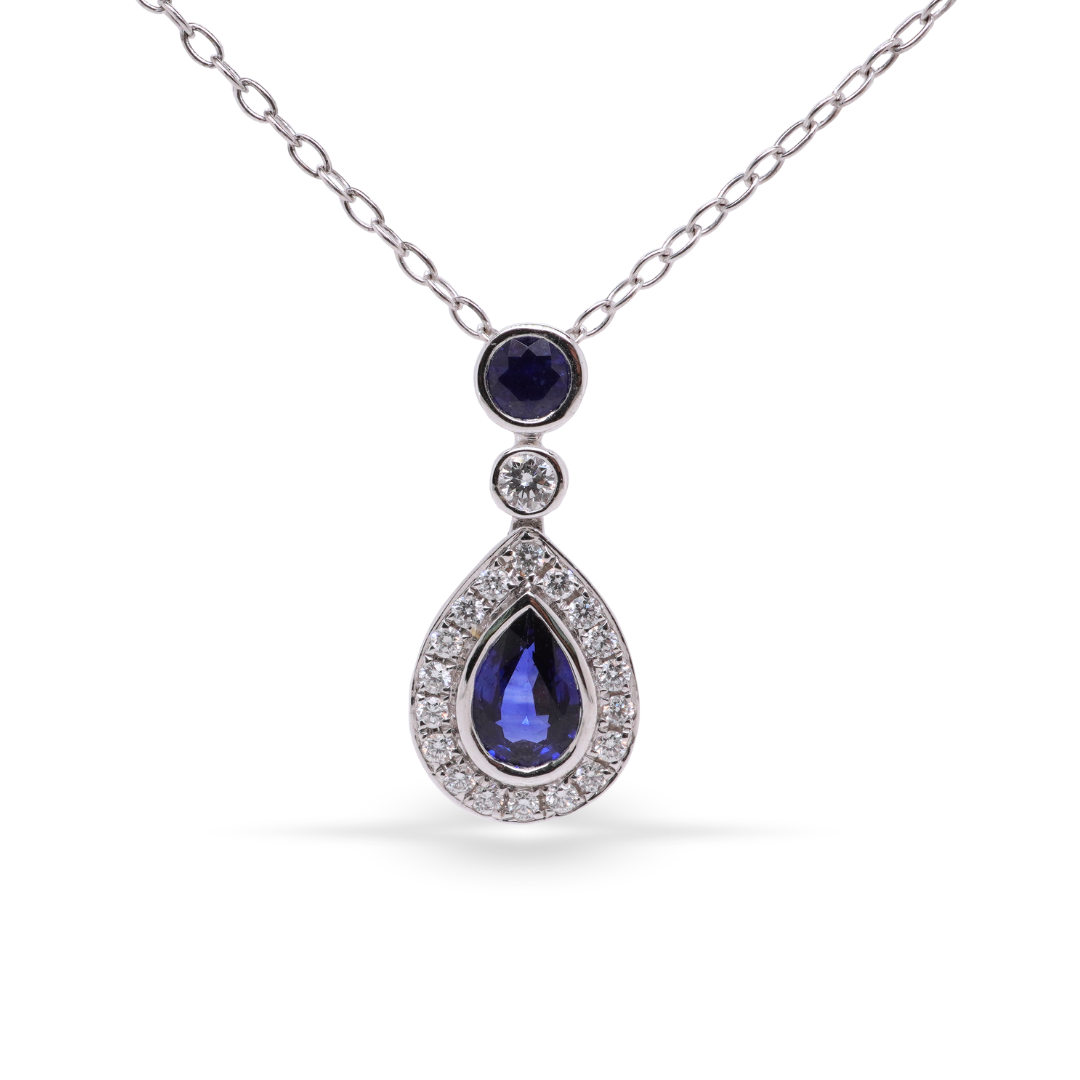 Pear-Shaped White Gold Pendant With Sapphire and Diamonds