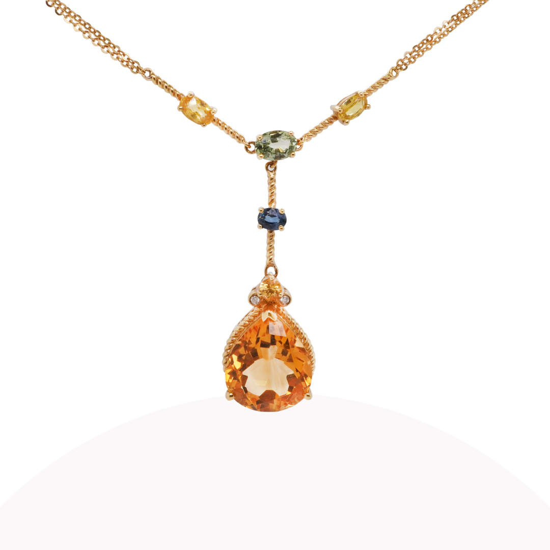 Elegant 18K Yellow Gold Pendant Featuring Citrine, Diamonds, and Gemstones