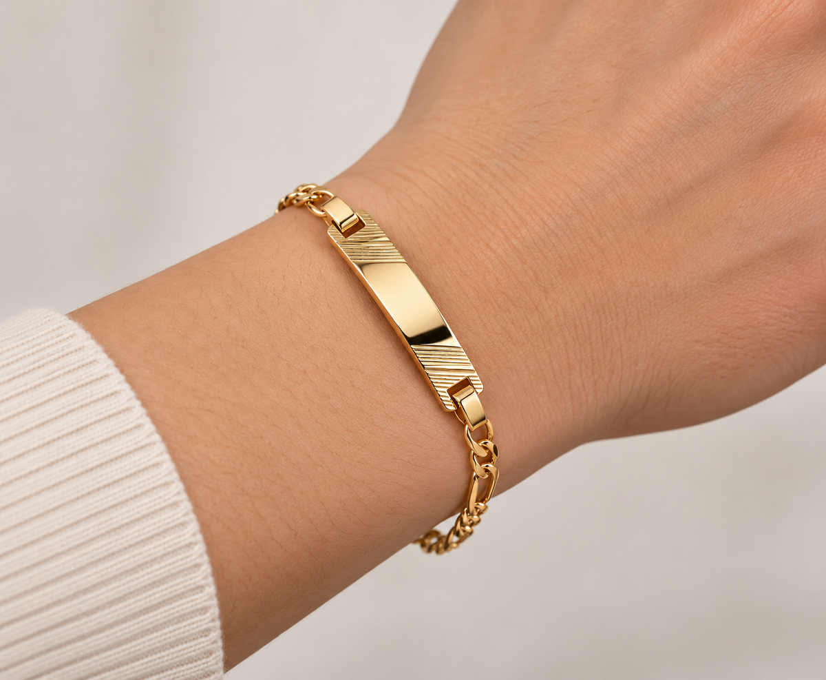 10K Yellow Gold Figaro Link ID Bracelet with Engraved Accents